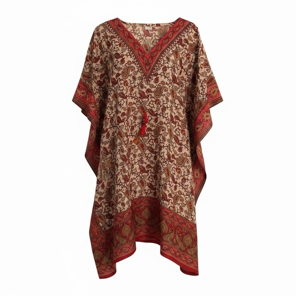 Brhamaki River Of Roses Kaftan Tunic Women Red Beige Boho Beach Cover Up Flowy